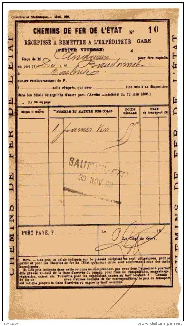 RECEPISSE - TRANSPORT - CHEMINS DE FER DE L´ETAT - PETITE VITESSE - 1 PANIER DE VIN - SAUMUR - 30 NOVEMBRE 1888 - Transportmiddelen