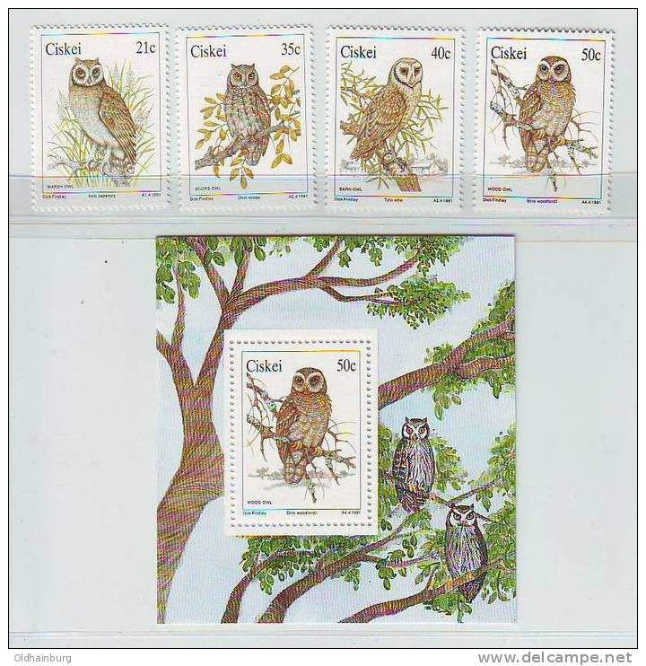 213ab: Serie "Vögel" Aus Südafrika- Ciskei 1991 ** Mit Block - Owls