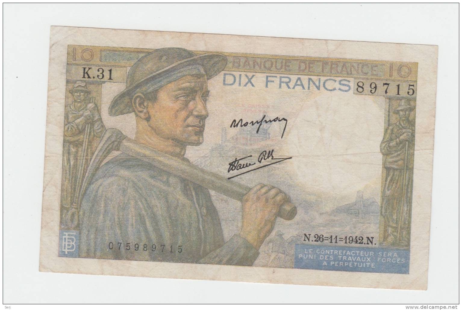 FRANCE 10 FRANCS 1944 VF+ (No Pinholes) P 99e 99 E - 10 F 1941-1949 ''Mineur''