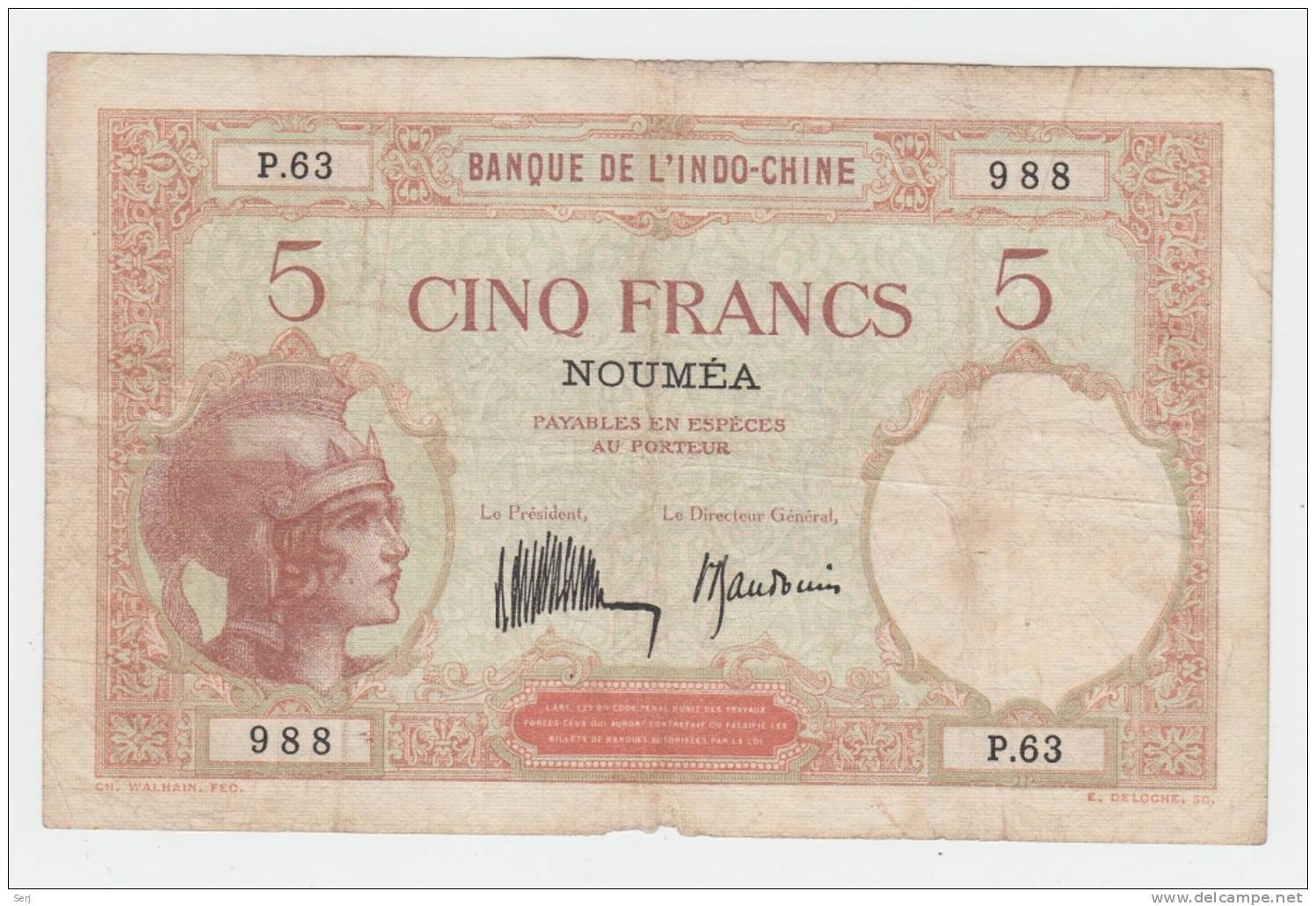 New Caledonia Noumea 5 Francs 1926 AVF P 36b 36 B - Nouméa (New Caledonia 1873-1985)