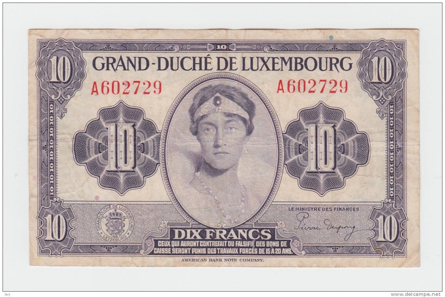 Luxembourg 10 Francs 1944 VF+ CRISP Banknote WWII P 44 - Luxembourg