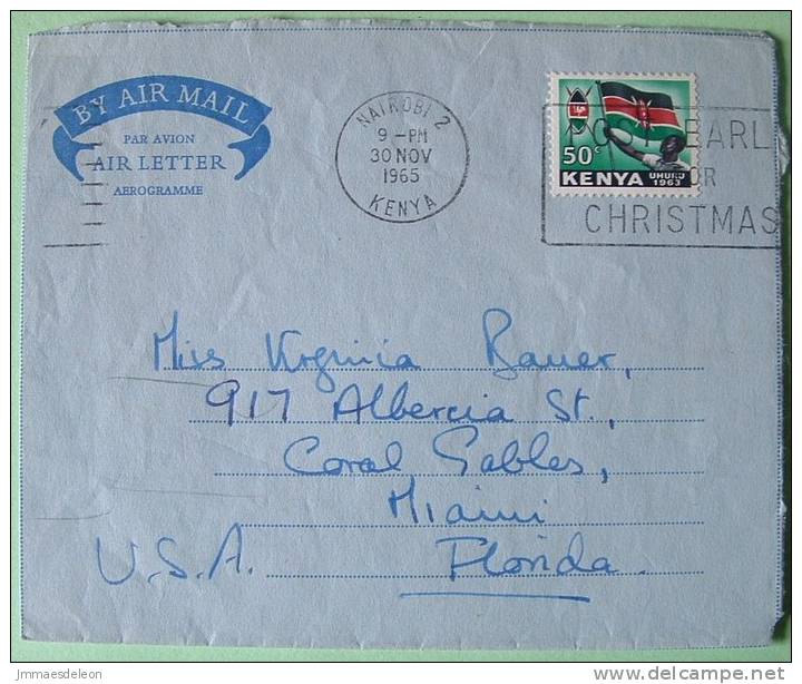 Kenya 1965 Aerogramme To Miami Florida -  Flag - Christmas Cancel - Kenya (1963-...)