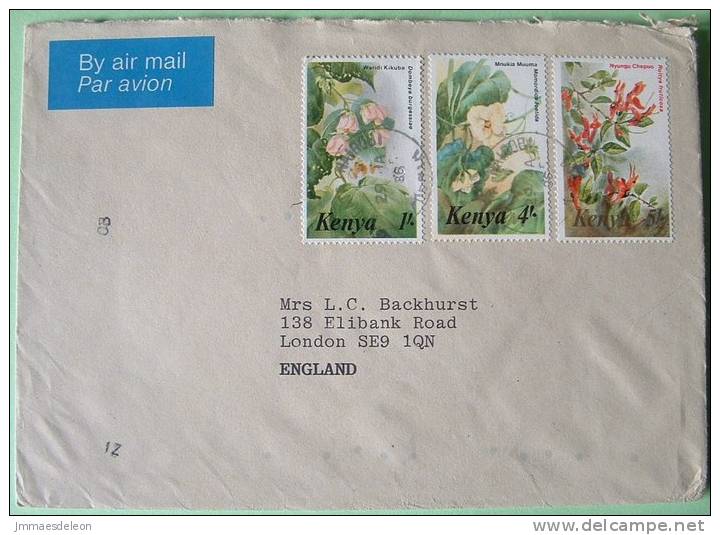 Kenya 1986 Cover To England UK - Flowers (1, 4, 5 Sh) (4 Sh Scott # 353, Cat Val = 6.75 $) - Kenya (1963-...)