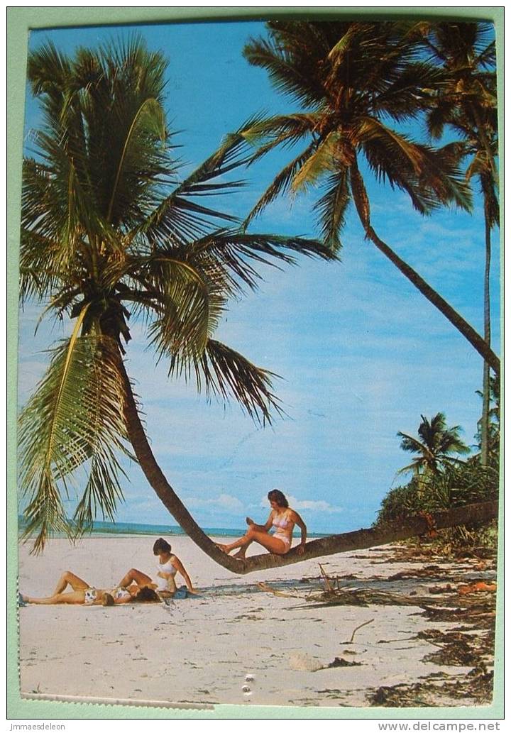 Kenya 1987 Postcard To England UK - Coast Coconut Women Bikini - Flowers ( 3.5 Sh - Scott # 257, Cat Val = 1.50 $) - Kenia (1963-...)