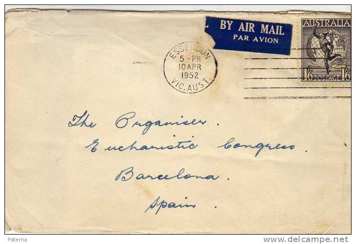 3483  Carta, Aerea, ESSENDON 1952, Australia, Mercurio Mitologia, Cover, Letter - Brieven En Documenten