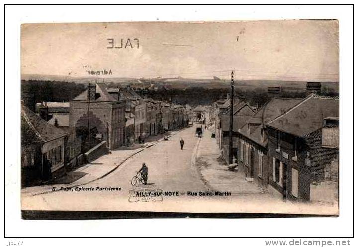 Ailly Sur Noye Rue Saint Martin Avec Cycliste Et Attelage Edit E Pape Ecrite En 1918 - Ailly Sur Noye