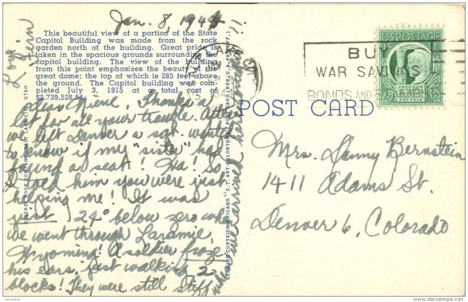 USA – United States – Capitol Dome From Rock Garden, Salt Lake City, Utah, 1944 Used Postcard [P4674] - Salt Lake City