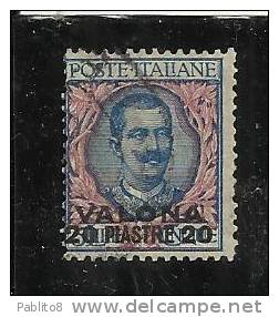 LEVANTE VALONA 1909 - 1911 SOPRASTAMPATO D´ITALIA ITALY OVERPRINTED 20 PI SU LIRE 5 USATO USED OBLITERE' - Europese En Aziatische Kantoren