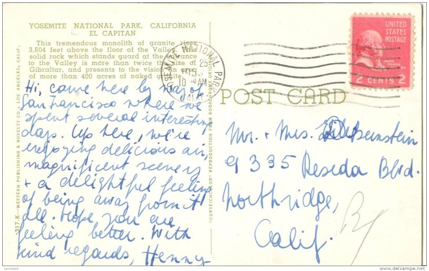 USA – United States – Yosemite National Park, California, El-Capitan 1956 Used Postcard [P4740] - Yosemite