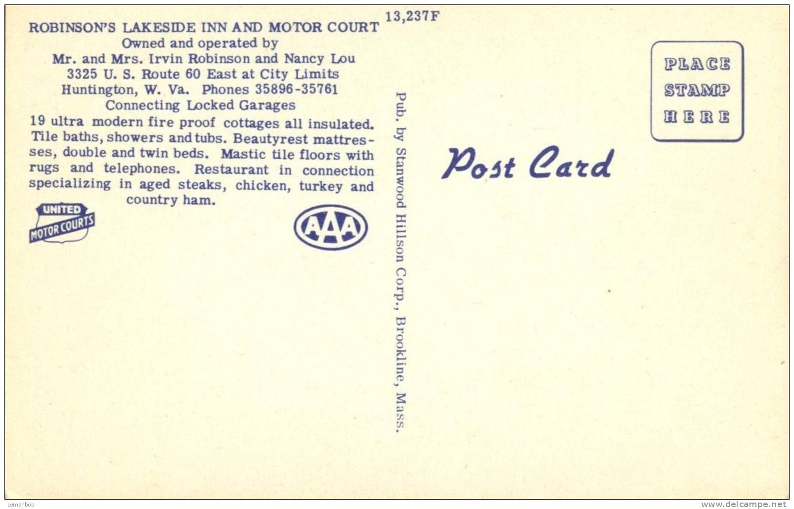 USA – Robinsons Lakeside Inn & Motor Court, U.S. Route 60 East At City Limits, Huntington, W. Va, Postcard[P4763] - Huntington