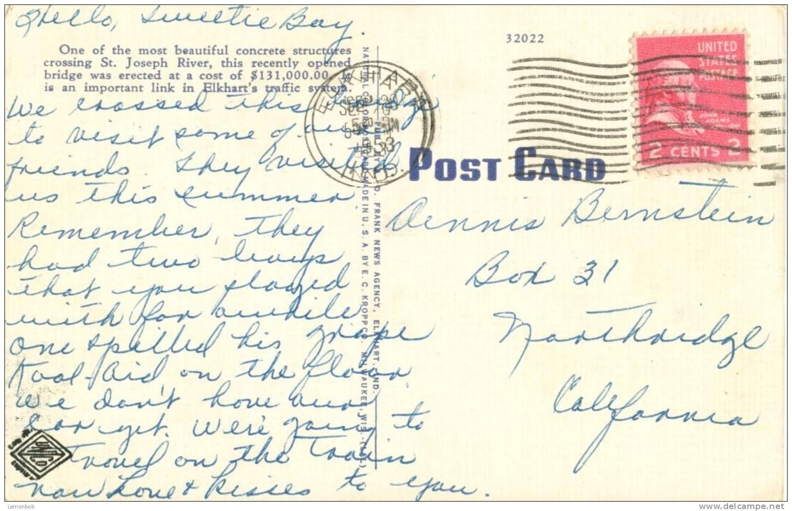 USA – United States – MC Naughton Park Bridge, Elkhart, Ind, 1953 Used Linen Postcard [P4765] - Autres & Non Classés