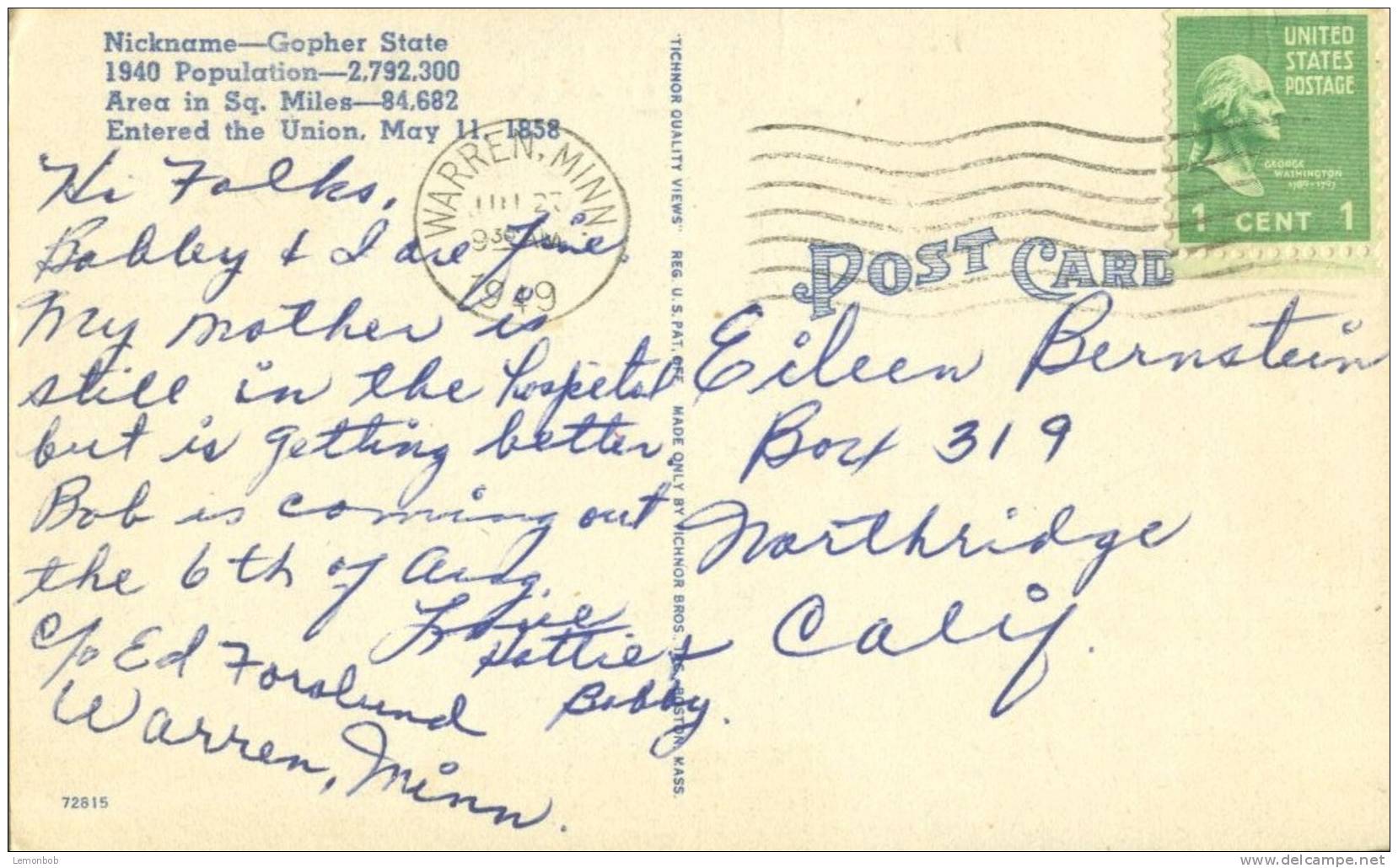 USA – United States – Greetings From Warren, Minnesota,1949 Used Linen Postcard [P4774] - Andere & Zonder Classificatie