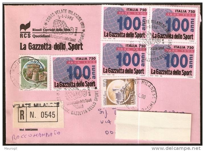GIORNALI - ITALIA VELATE MILANESE (MI) 1996 - 100° ANNIVERSARIO GAZZETTA DELLO SPORT - RACCOMANDATA - Non Classés