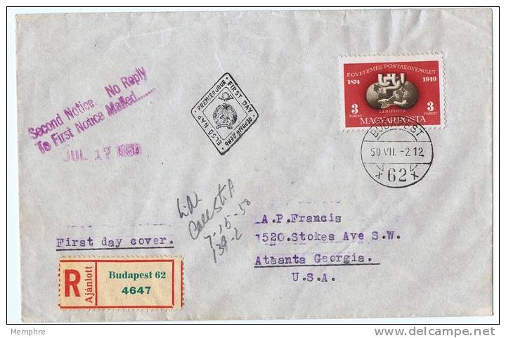 1950 FDC Timbre Unique Du Bloc 75è Ann De L´UPU  Mi Nr 1111A  Sur FDC Recommandé Pour Les USA - FDC