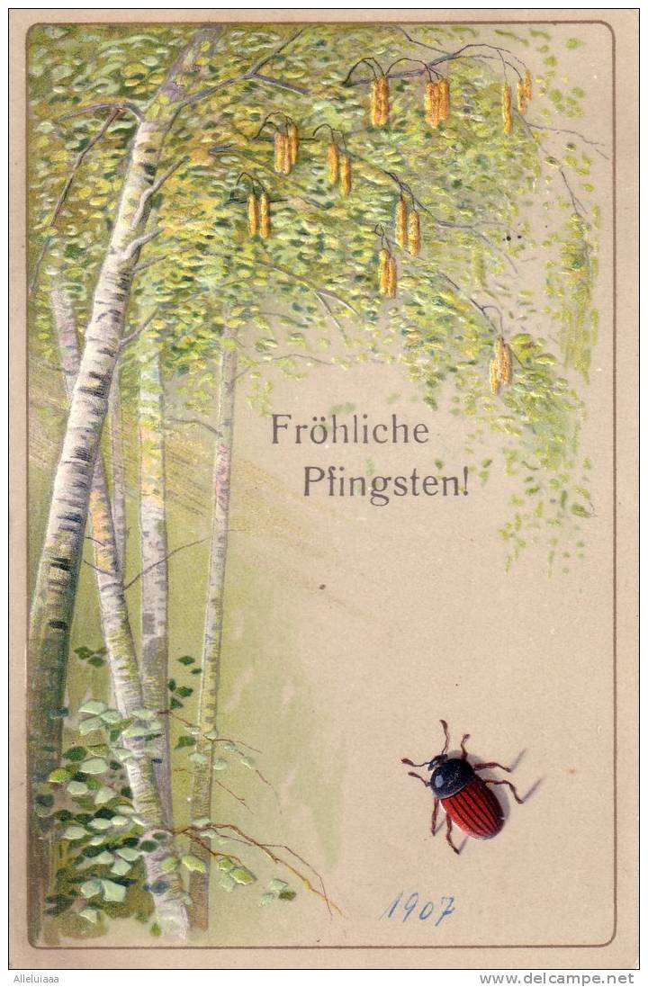 CPA BELLE FANTAISIE FANTAISY GAUFFREE EMBOSSED Insect Arbre Fröhliche Pfingsten Timbre Deutfenes Reich Vert 1907 - Pentecostés