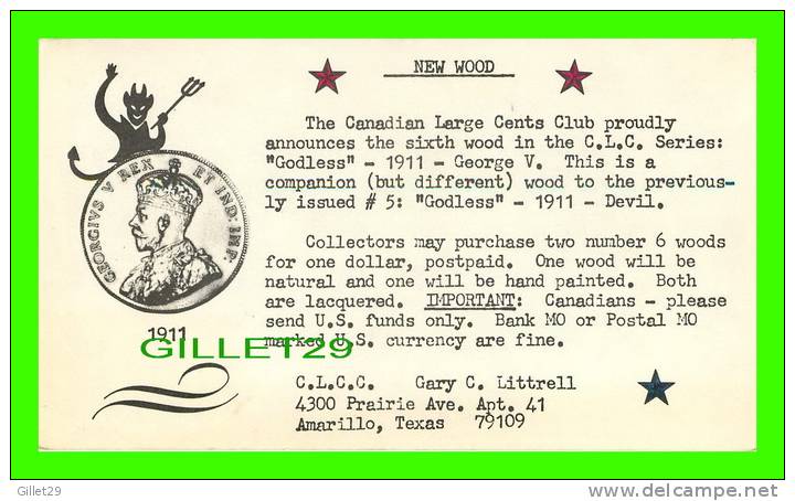 AMARILLO, TX - CANADIAN LARGE CENTS CLUB - C.L.C. SERIES GODLESS 1911 GEORGE V - TRAVEL 1977 - - Amarillo