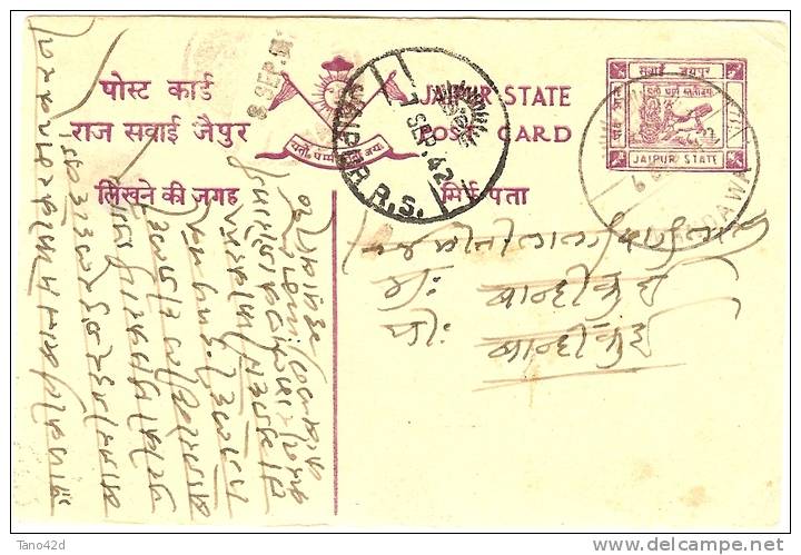 REF LCIRC2 - INDE ETAT DE JAIPUR - ENTIER POSTAL CARTE POSTALE VOYAGEE 7/9/42 - Jaipur