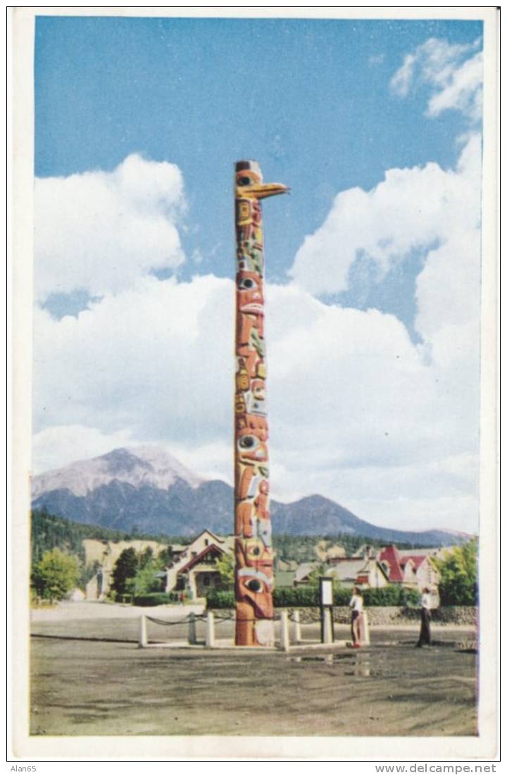 Jasper National Park Alberta Canada, Native American Totem Pole On C1940s Vintage Postcard - Jasper