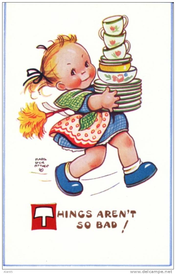 Mabel Lucie Atwell 'Things Arent So Bad' Child Girl Cleans Dishes C1940s/50s Vintage Postcard - Attwell, M. L.