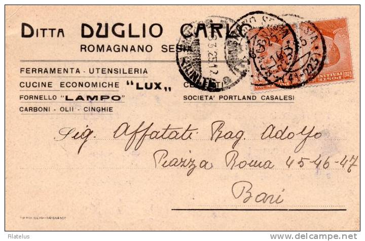 MOLTO RARA CARTOLINA POSTALE PUBBLICITARIA-DITTA DUGLIO CARLO-FERRAMENTA--CARBONI-ROMAGNANO SESIA - NOVARA16-3-1925 - Mint/hinged