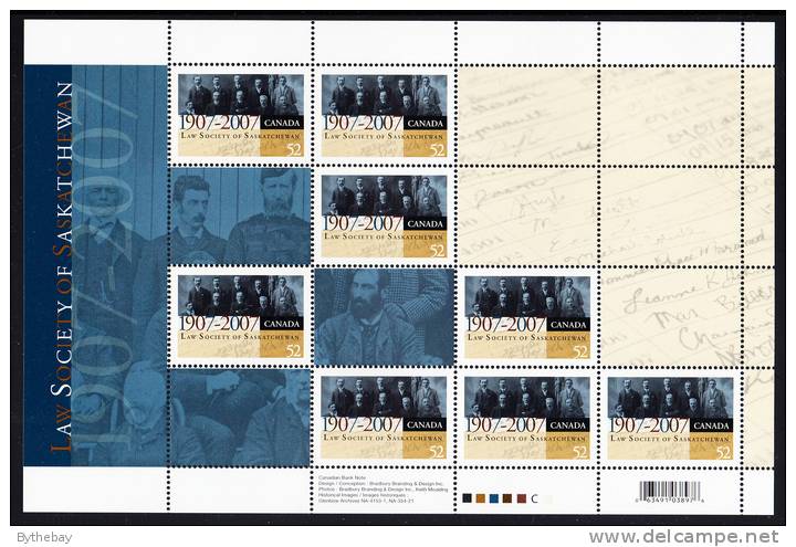 Canada MNH Scott #2227 Full Pane Of 8 52c Law Society Of Saskatchewan - Feuilles Complètes Et Multiples