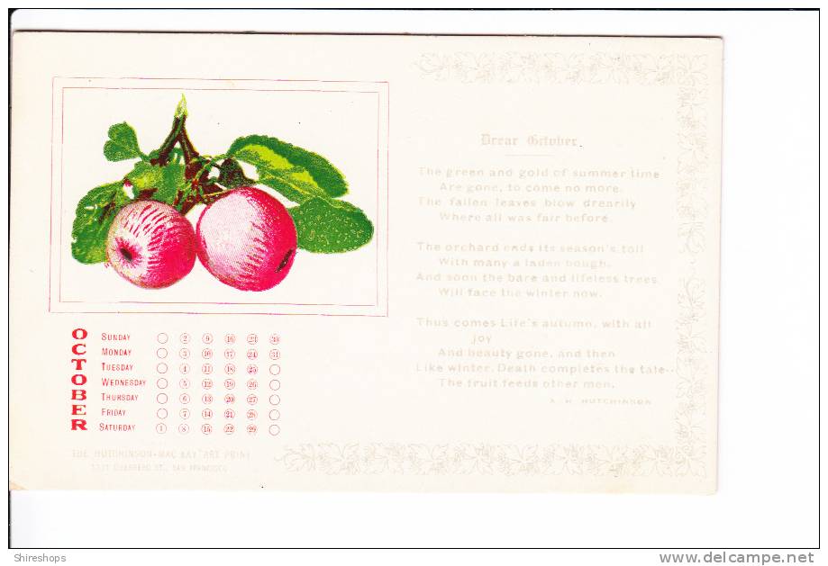 October Drear October With Calendar Poem By A H Hutchinson Art Print - Collections, Lots & Series