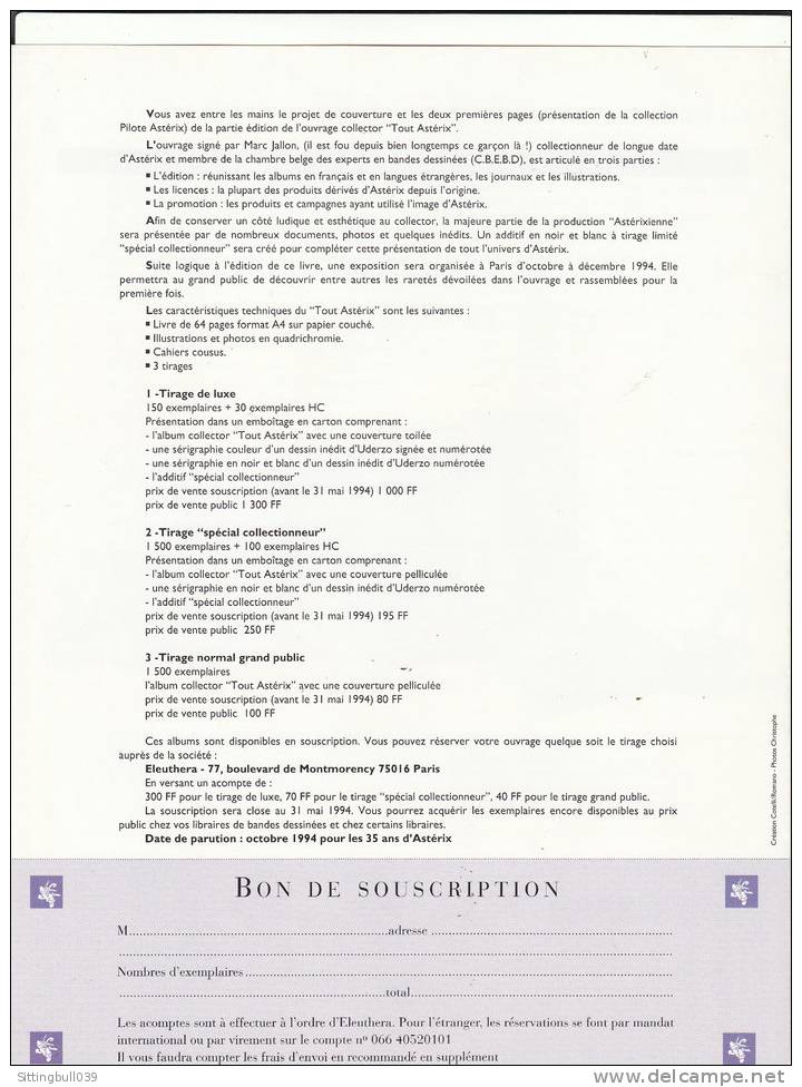 TOUT ASTERIX. Marc Jallon. PUB 1994, Projet De Couverture + Les 2 Premières Pages Présentant La Coll. PILOTE Astérix - Advertisement