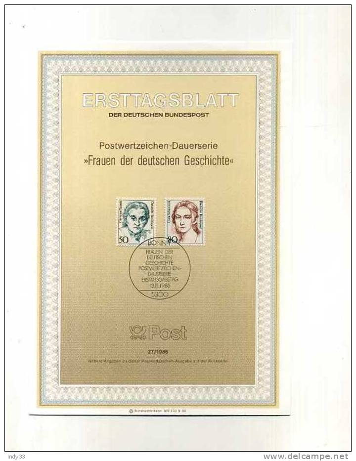 - ALLEMAGNE RFA . FEUILLET FDC FRAUEN DER DEUTSCHEN GESCHICHTE . CACHET BONN1 13/11/1986 - Berühmte Frauen