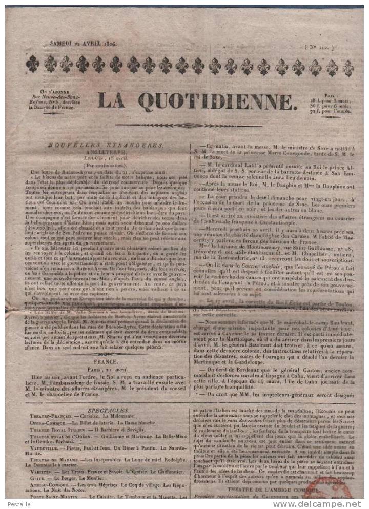 JOURNAL LA QUOTIDIENNE 22 04 1826 - ARGENTINE BUENOS AYRES - PROCES LAMENNAIS - VENTE BIENS PUBLICS - 1800 - 1849