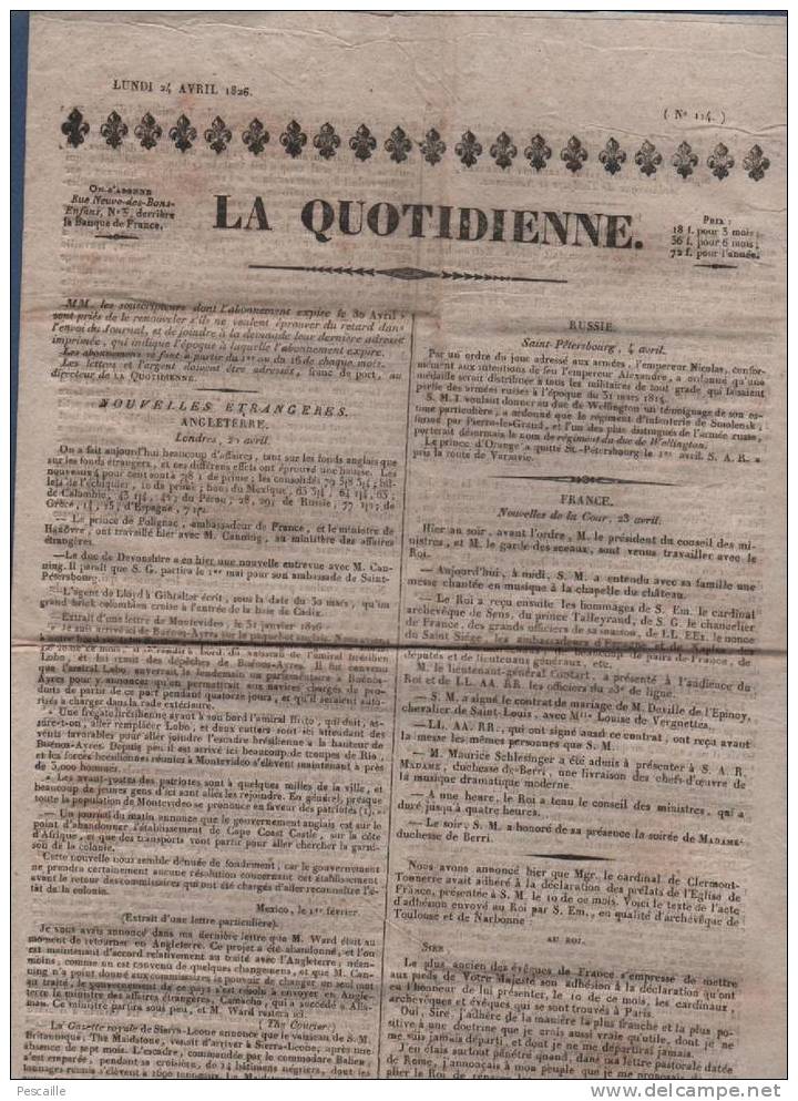 JOURNAL LA QUOTIDIENNE 24 04 1826 - CARDINAL DE CLERMONT TONNERRE - AMENDEMENTS - LA MENNAIS - DOCTEUR MIQUEL - - 1800 - 1849