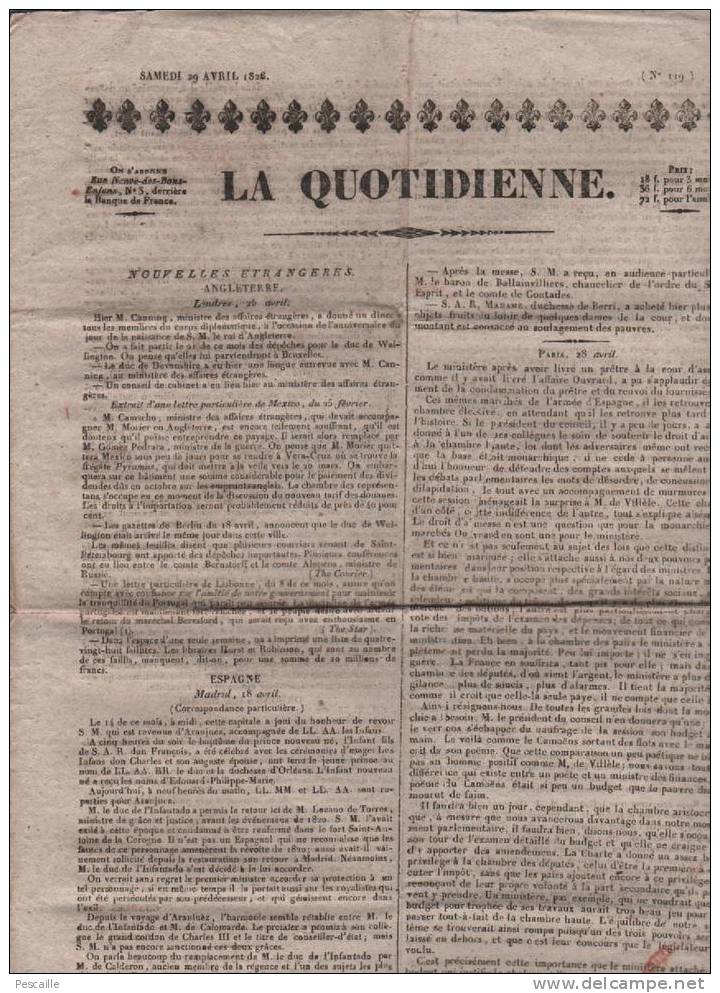 JOURNAL LA QUOTIDIENNE 29 04 1826 - MEXICO - MADRID - MINISTRES - MONUMENT PLACE LOUIS XVI - TESTAMENTS - - 1800 - 1849