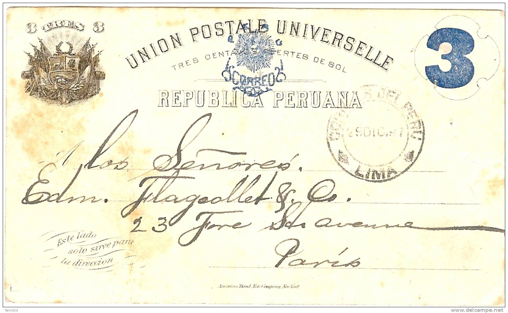 REF LCIRC2 - PEROU C. P. 3c VOYAGEE LIMA / PARIS 29/12/1897 REPIQUAGE AU VERSO - Pérou