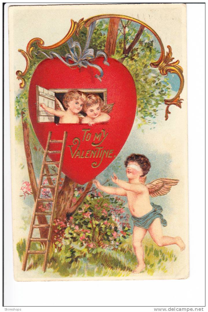 Embossed To My Love Cupid Children Heart Treehouse Blindfolded Cupid 1912 - Valentine's Day