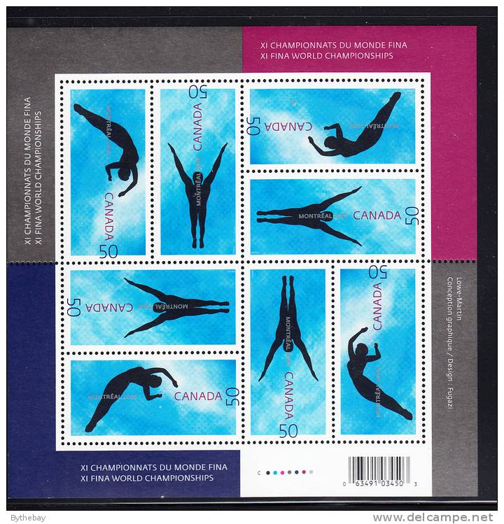 Canada MNH Scott #2113-#2114 Full Pane Of 4 Pairs 50c FINA World Championships - Fogli Completi