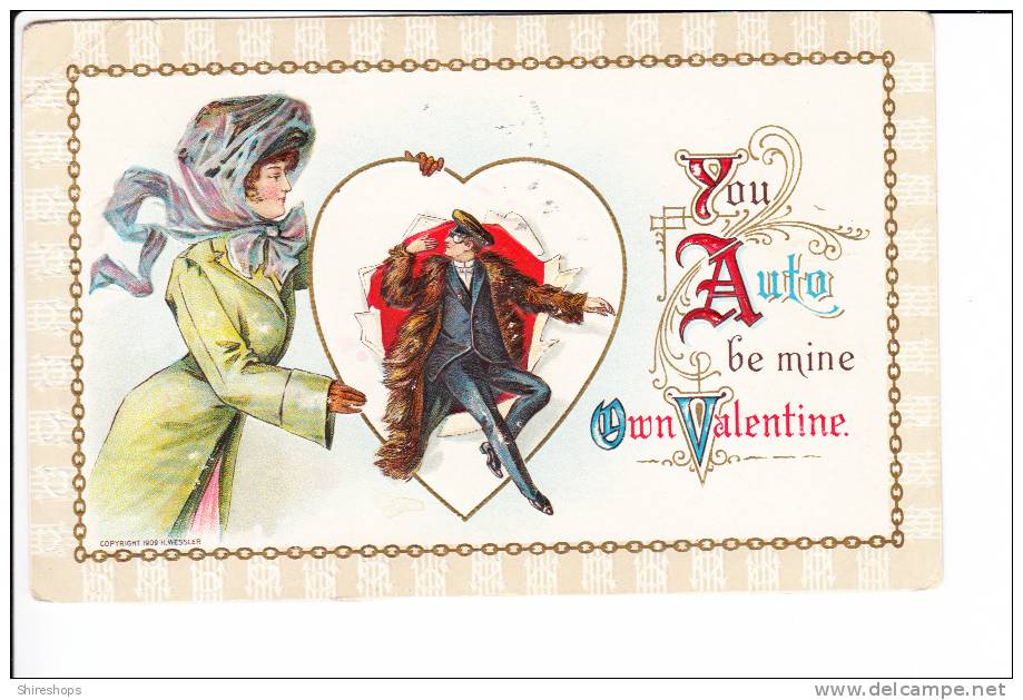 Embossed Woman Holding Man In Heart You Auto Be Mine Own Valentine 1910 - Valentine's Day