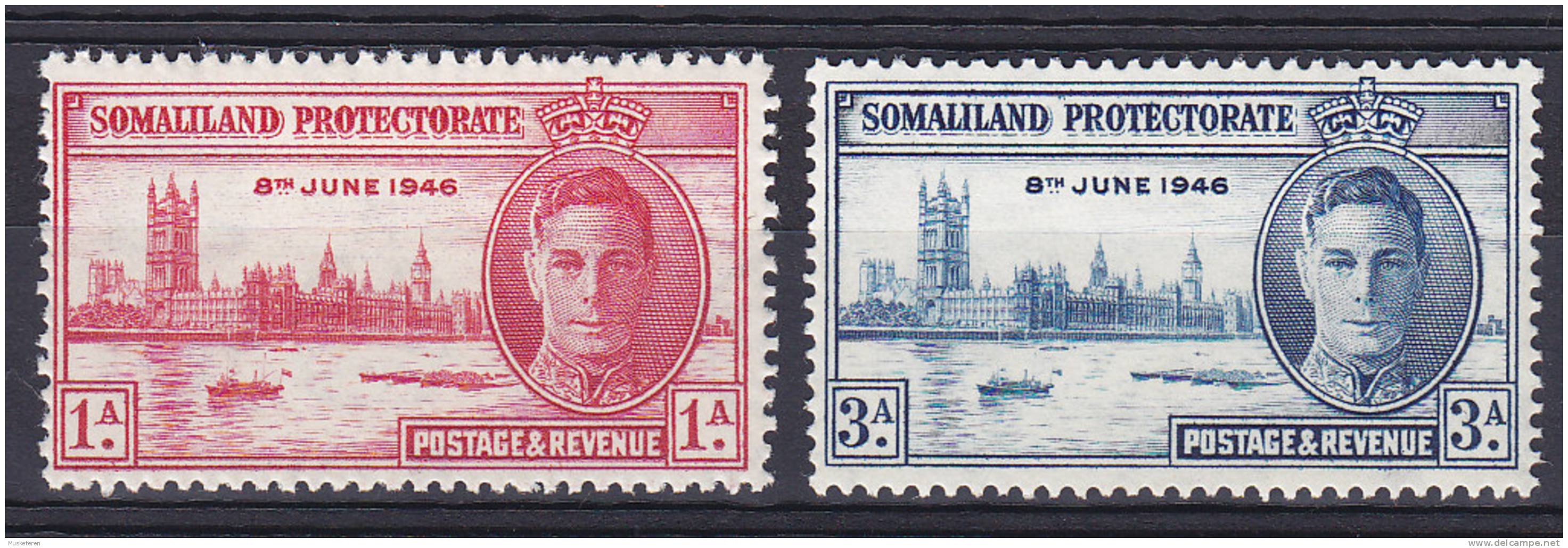 Somaliland Protectorate 1946 Mi. 101 C + 102 A King George VI. Victory Complete Set Incl. Perf. 13½ MH* - Somaliland (Protectoraat ...-1959)