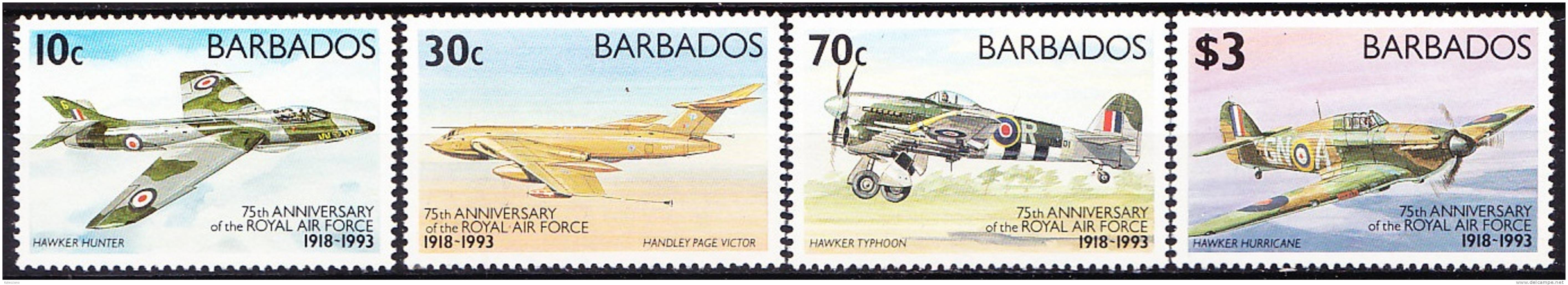 Barbados Yvert 856-859 Year 1993 75th Ann. Royal Air Force, Airplanes MNH - Barbades (1966-...)