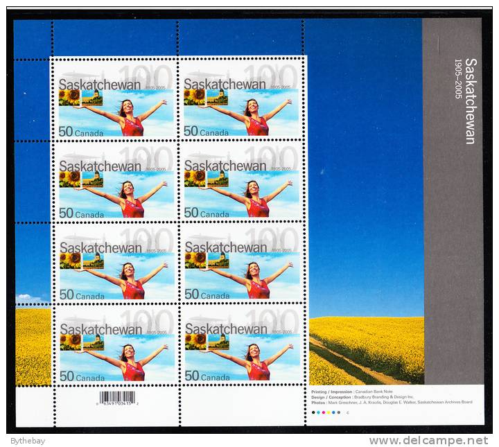 Canada MNH Scott #2117 Full Pane Of 8 50c Saskatchewan Centennial - Ganze Bögen