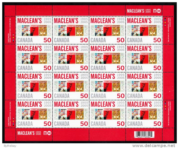 Canada MNH Scott #2104 Minisheet Of 16 50c MacLean´s Magazine 100th Anniversary - Feuilles Complètes Et Multiples