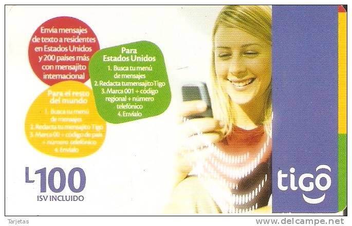 TARJETA DE HONDURAS DE 100 LEMPIRAS  DE TIGO  - MENSAJES - Honduras