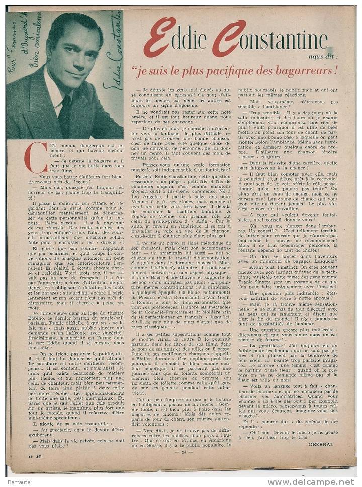 Femmes D´aujourd´hui N° 451 Du 26/12/ 1953   Interview De Eddie CONSTANTINE. - Mode