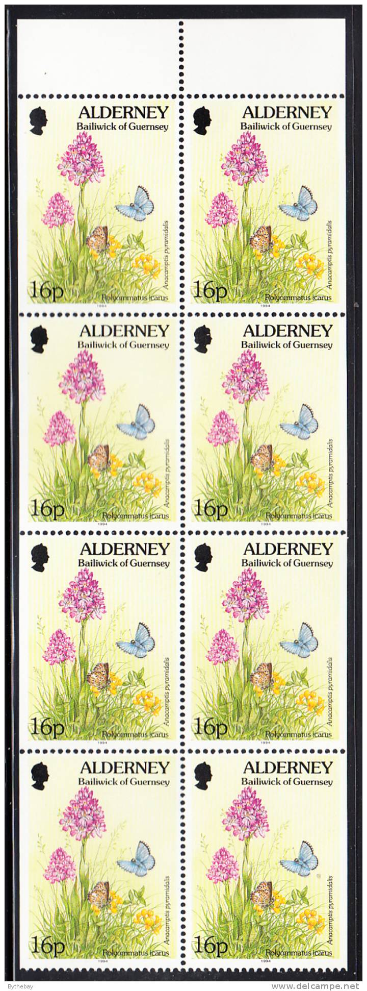 Alderney Scott #80b MNH Booklet Pane Of 8 16p Polyommatus Icarus, Anacamptis Pyramidalis - Alderney