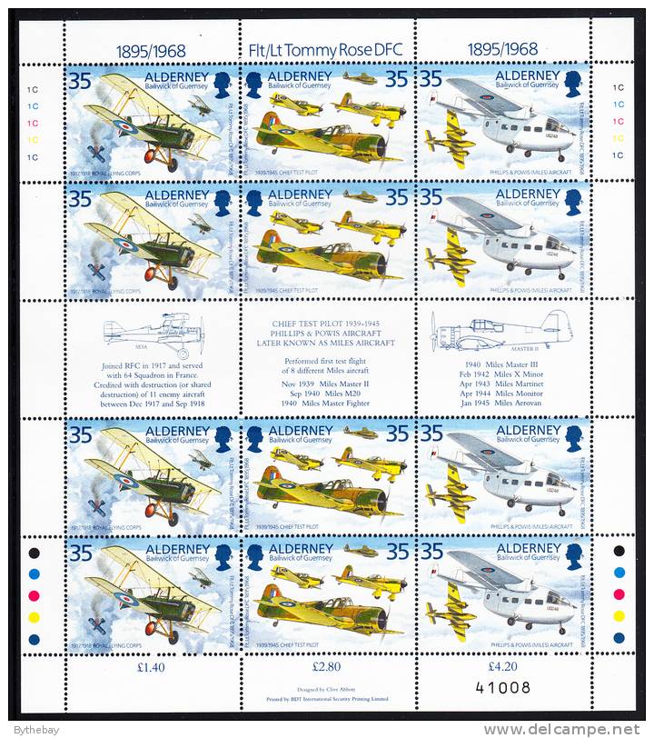 Alderney Scott #88 MNH Minisheet Of 4 Strips Of 3 Plus Gutter 35p Flt. Lt. Tommy Rose, DFC - Alderney