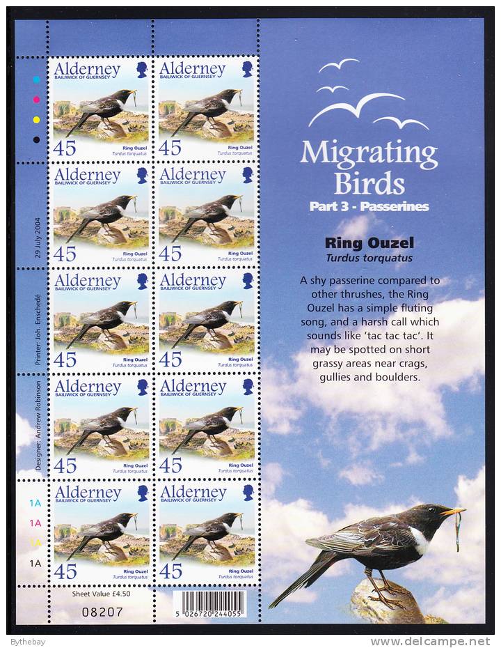 Alderney Scott #237 MNH Minisheet Of 10 45p Ring Ouzel - Alderney