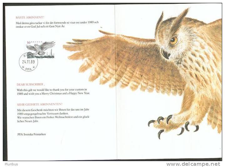 SWEDEN 1989  , OWL , PFA SPECIAL GIFT PUBLICATION - Owls