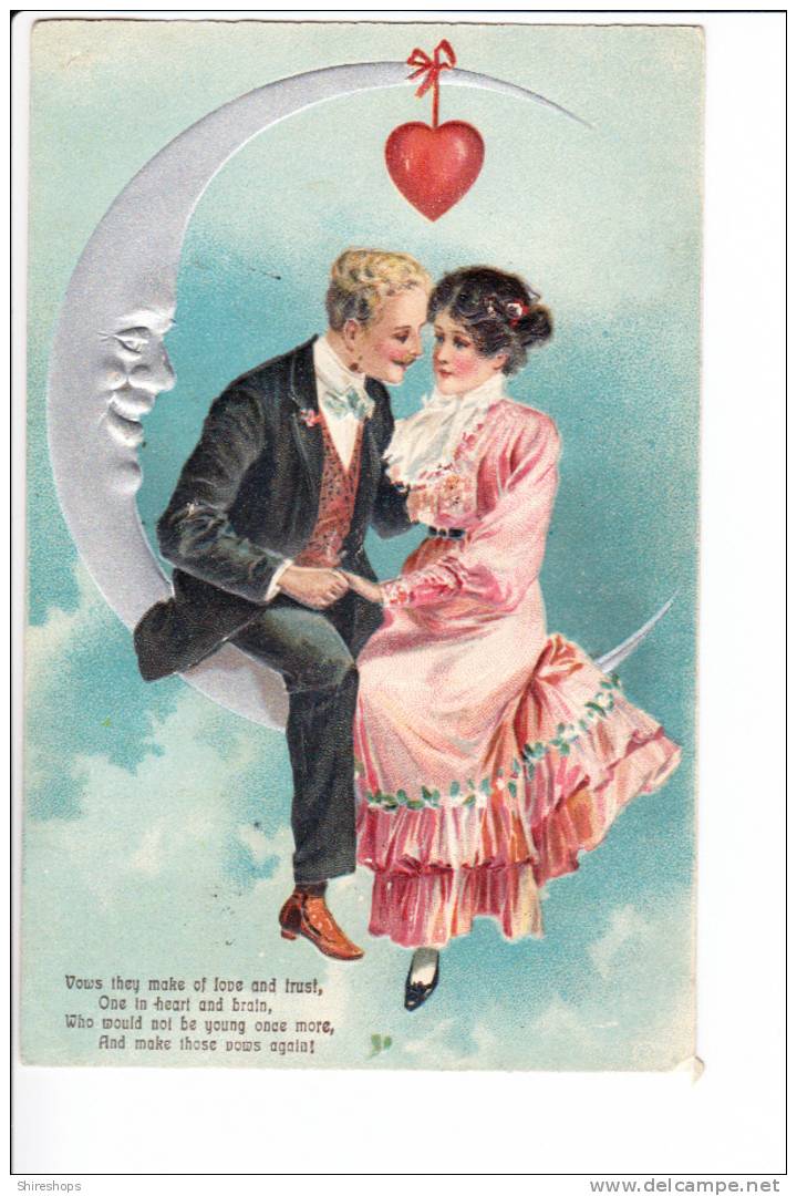 Embossed Couple Sitting On Silver Crescent Moon With Face Make Those Vows Again 1908 - Marriages