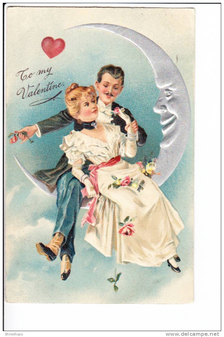 Embossed Couple Sitting On Silver Crescent Moon With Face To My Valentine 1909 - Valentine's Day