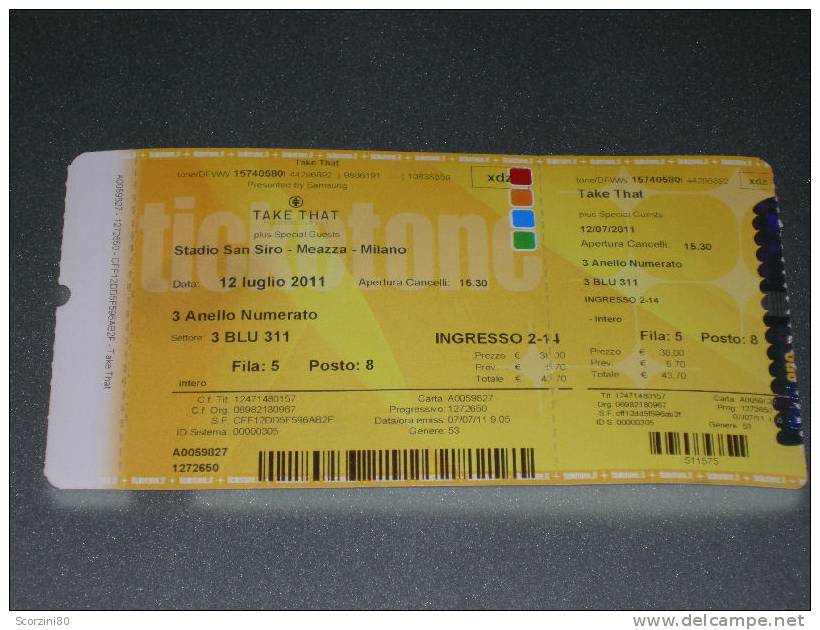Biglietto Concerto 2011 Luglio TAKE THAT Milano - Concerttickets
