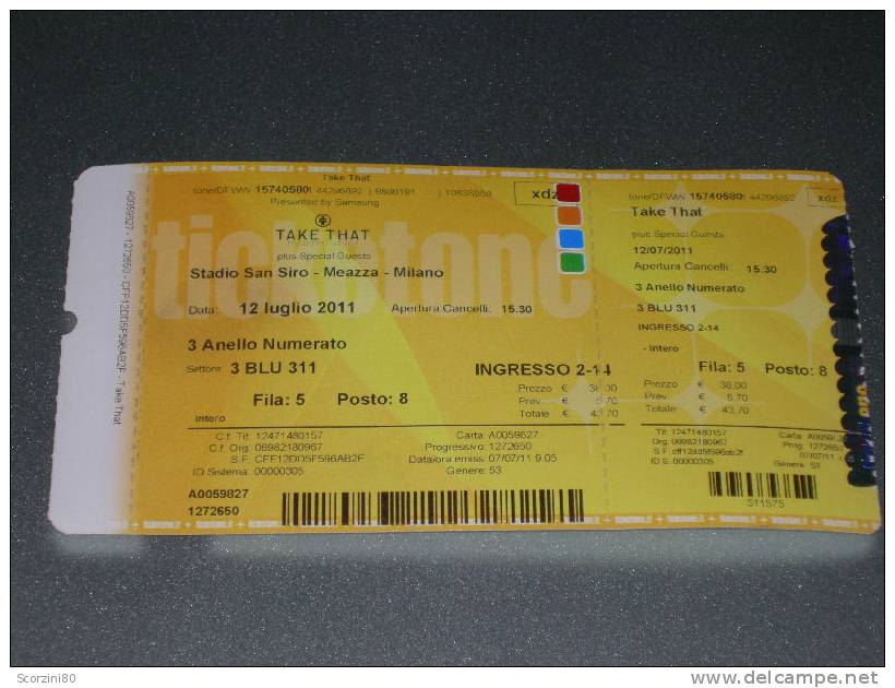 Biglietto Concerto 2011 Luglio TAKE THAT Milano - Entradas A Conciertos