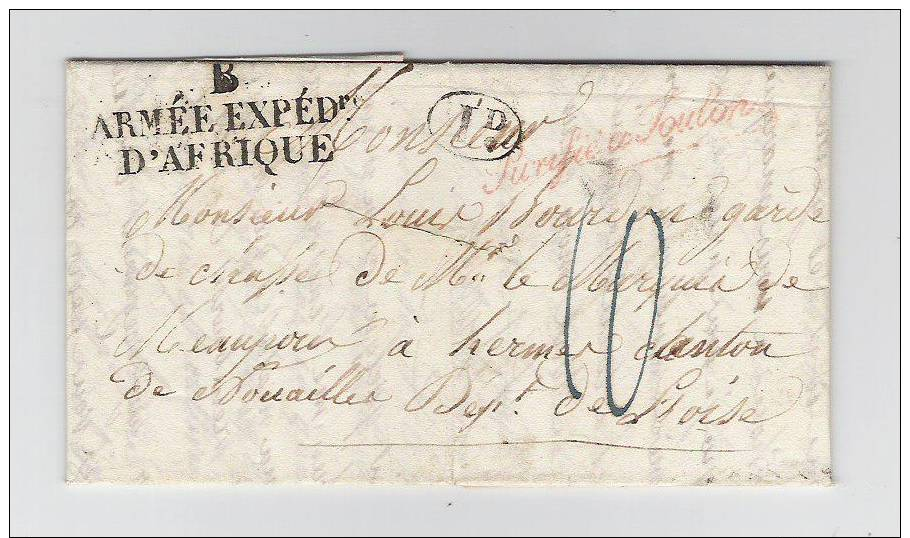 ARMEE  EXPEDITIONNAIRE AFRIQUE  Puirifiée à Toulon De BONE (algérie )24 Janv.1834( Pour!Herm)  Oise - Army Postmarks (before 1900)